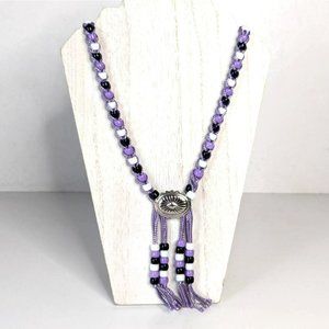Vintage Southwest Tassel Necklace Silver Tone With Purple Black White Beads 1970